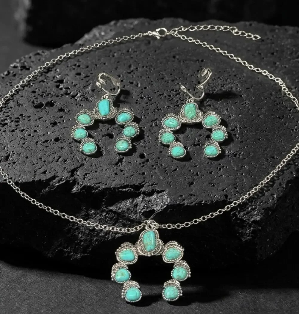 Western clip on silver chain turquoise stone horse shoe necklace set
